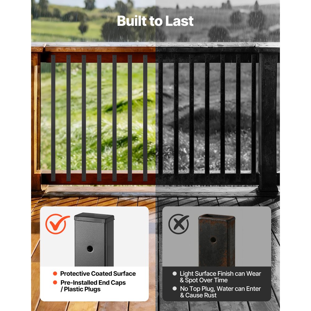 VEVOR 61 Pack Deck Balusters, 91.5 cm Galvanized Steel Railing Spindles, Hollow Rectangle Metal Decking Stair Balusters with Pre-Drilled Hole, End Caps, Screws, for Deck, Porch & Stair Railing, Black