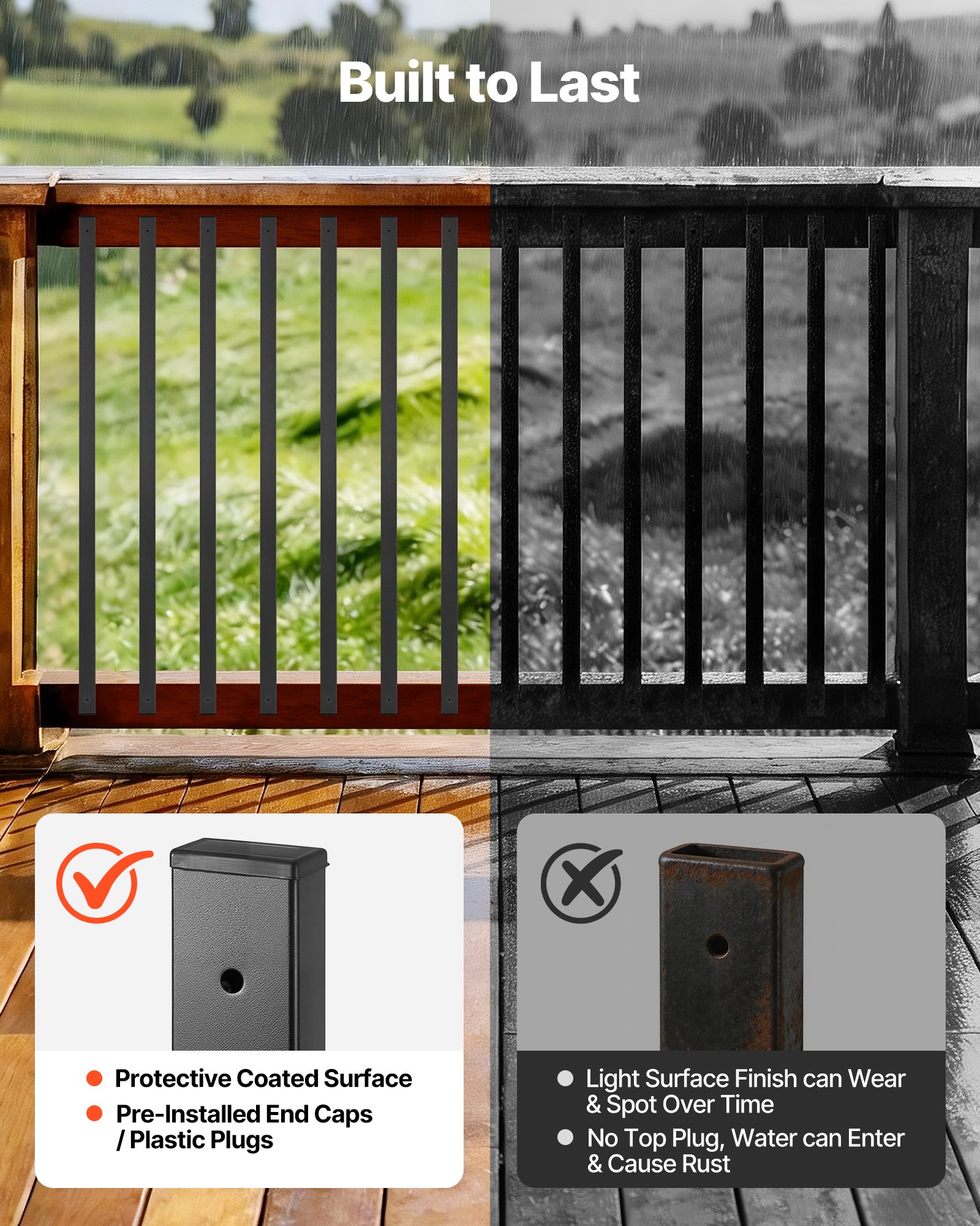 VEVOR 61 Pack Deck Balusters, 91.5 cm Galvanized Steel Railing Spindles, Hollow Rectangle Metal Decking Stair Balusters with Pre-Drilled Hole, End Caps, Screws, for Deck, Porch & Stair Railing, Black