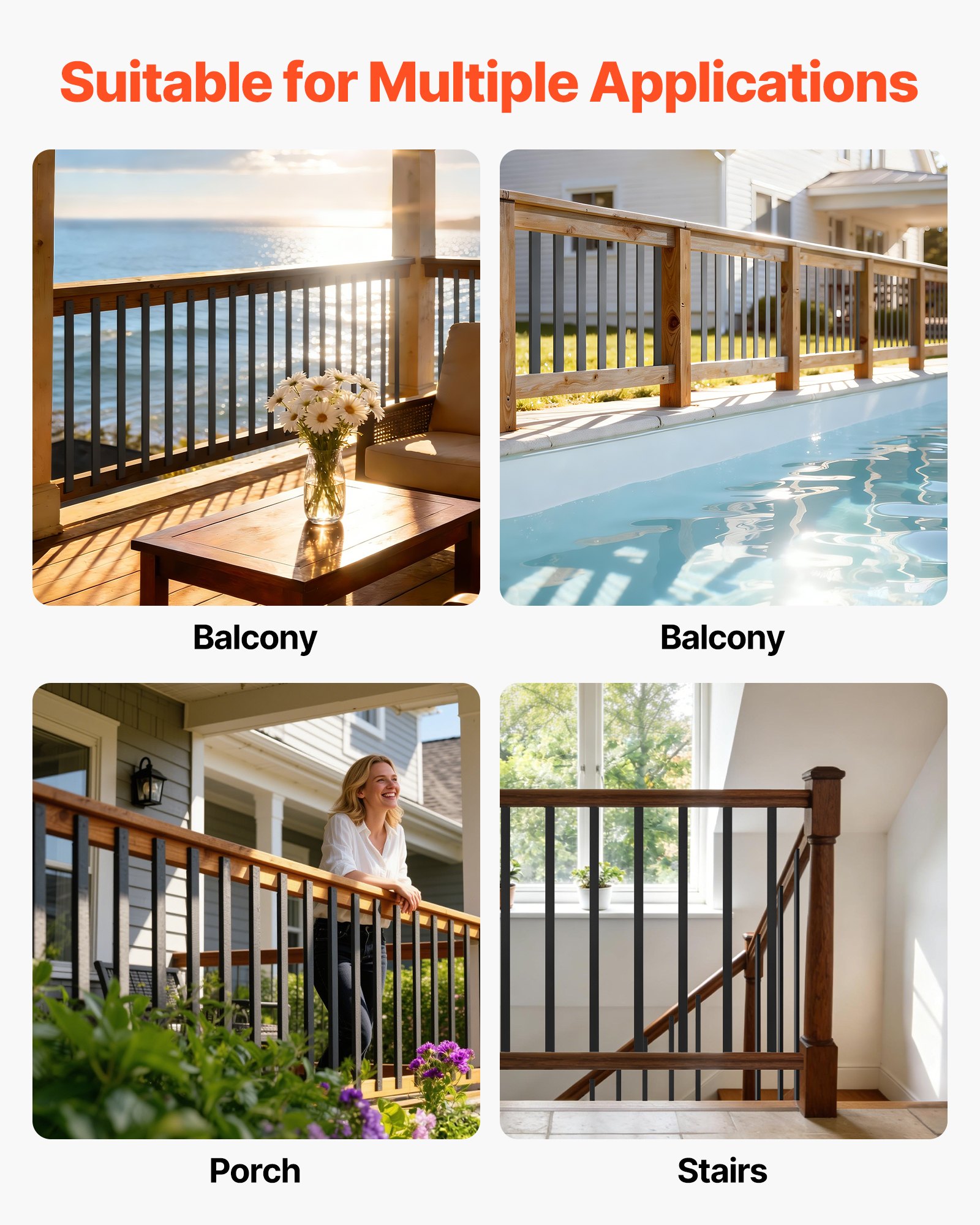 VEVOR 61 Pack Deck Balusters, 91.5 cm Galvanized Steel Railing Spindles, Hollow Rectangle Metal Decking Stair Balusters with Pre-Drilled Hole, End Caps, Screws, for Deck, Porch & Stair Railing, Black