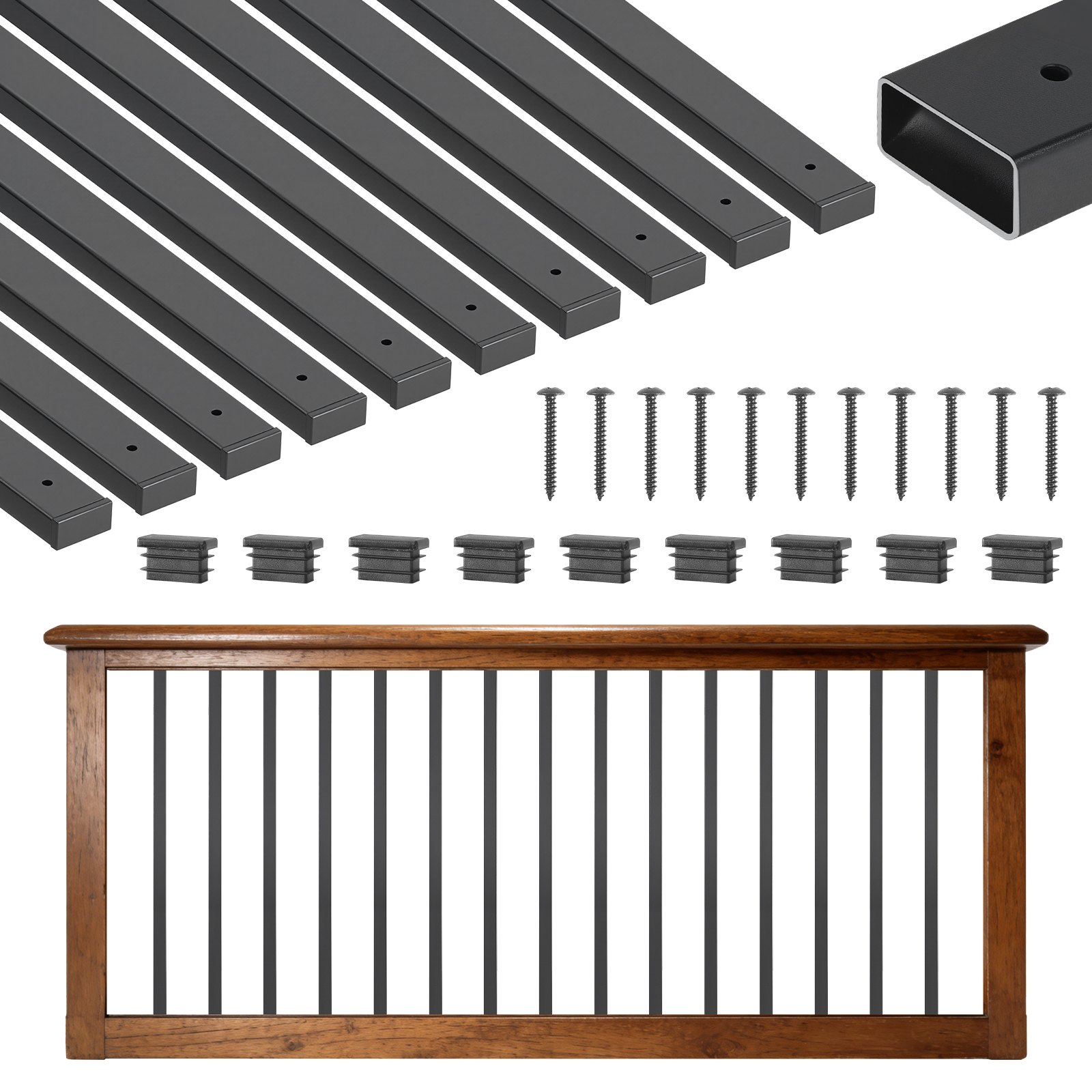 VEVOR 61 Pack Deck Balusters, 91.5 cm Galvanized Steel Railing Spindles, Hollow Rectangle Metal Decking Stair Balusters with Pre-Drilled Hole, End Caps, Screws, for Deck, Porch & Stair Railing, Black