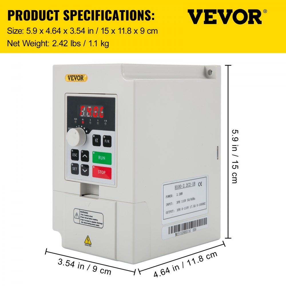 VEVOR Variable Frequency Drive, AC 110V Input 2.2KW Variable Frequency CNC Drive Inverter Converter, VFD 3HP 1 or 3 Phase Input, 3 Phase Output, CNC Motor Inverter Converter for Motor Speed Control