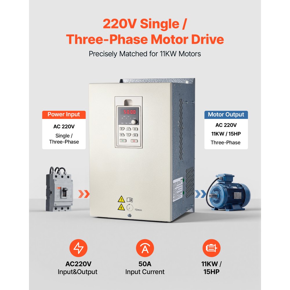 VEVOR 15HP 11KW 50A VFD, Single/3-Phase 220V Input to 3-Phase 220V Output, 0–2000Hz Variable Frequency Drive, Built-in PID for Constant Pressure Water Supply, Precision Motor Speed Control