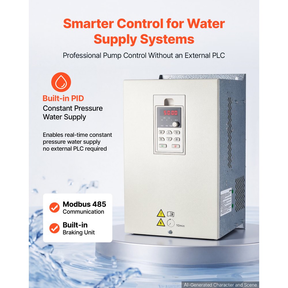 VEVOR 15HP 11KW 50A VFD, Single/3-Phase 220V Input to 3-Phase 220V Output, 0–2000Hz Variable Frequency Drive, Built-in PID for Constant Pressure Water Supply, Precision Motor Speed Control