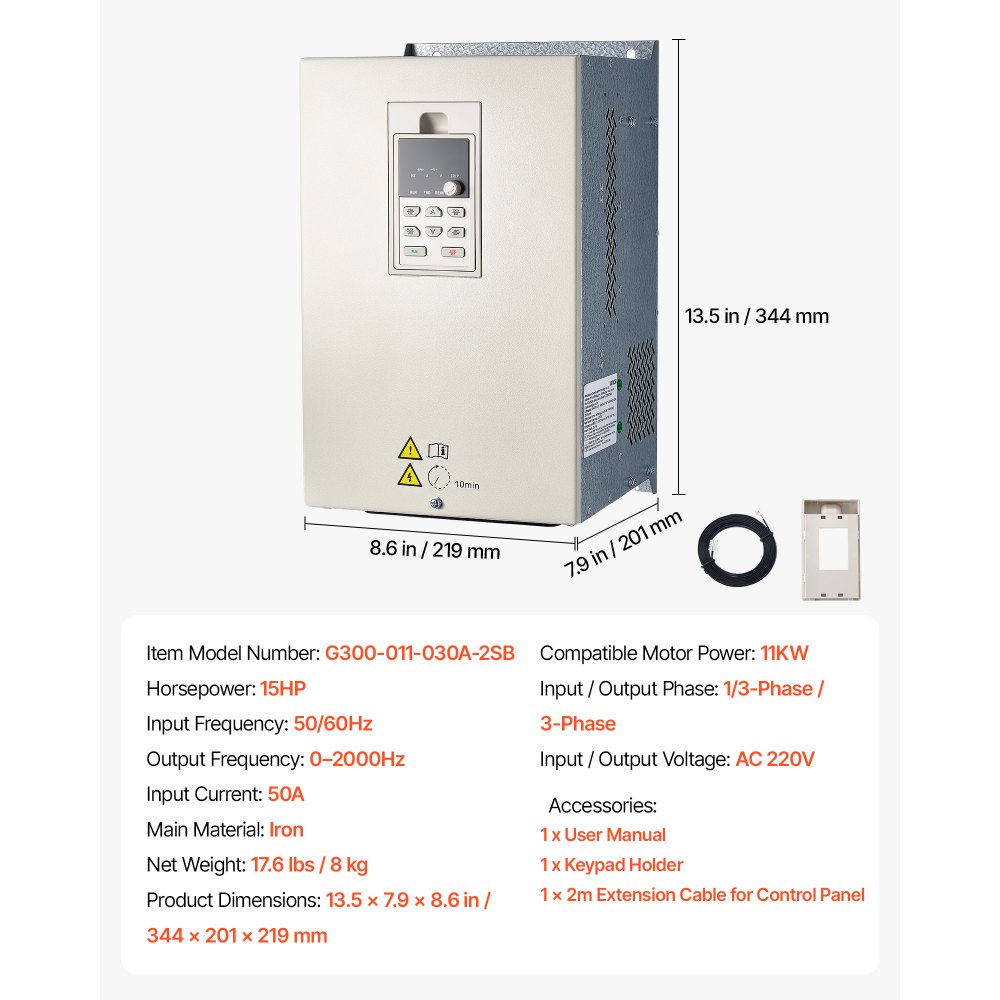 VEVOR 15HP 11KW 50A VFD, Single/3-Phase 220V Input to 3-Phase 220V Output, 0–2000Hz Variable Frequency Drive, Built-in PID for Constant Pressure Water Supply, Precision Motor Speed Control