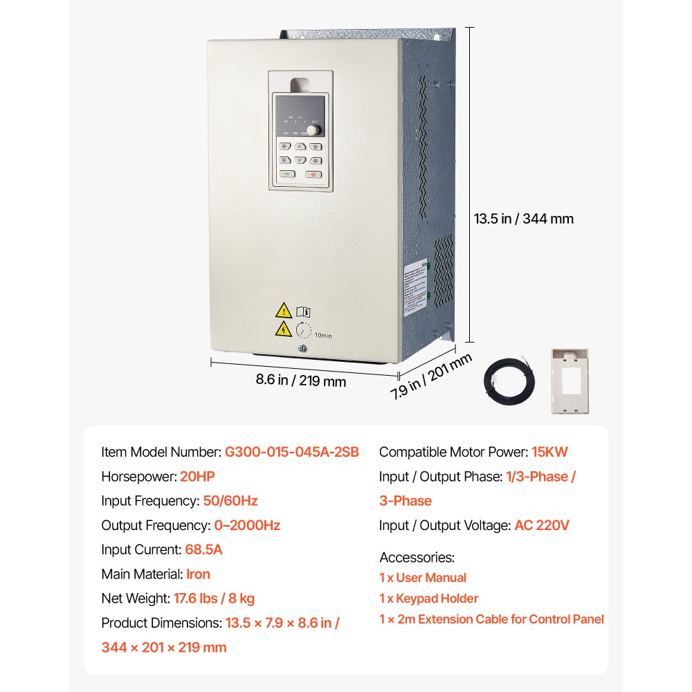 Variador de frecuencia VEVOR de 20 HP, 15 kW, 68,5 A, entrada monofásica/trifásica de 220 V a salida trifásica de 220 V, rango de frecuencia de 0 a 2000 Hz, PID integrado para suministro de agua a presión constante, control preciso de la velocidad del motor.