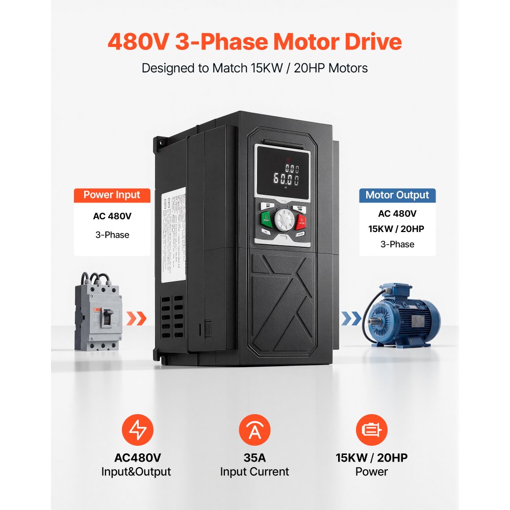 VEVOR 20HP 15KW 35A Variable Frequency Drive, 3-Phase AC480V Input/Output, 3 Phase to 3 Phase, 0–500Hz Output VFD, V/F SVC Control Modes for Precision Motor Speed Control