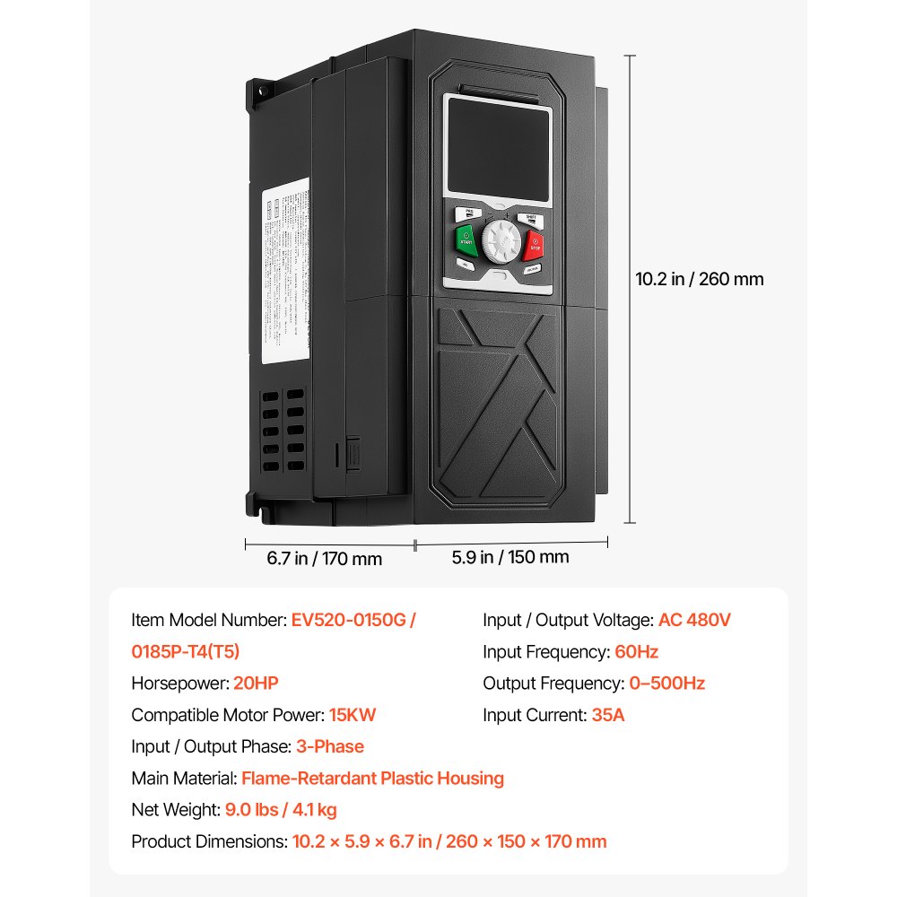 VEVOR 20HP 15KW 35A Variable Frequency Drive, 3-Phase AC480V Input/Output, 3 Phase to 3 Phase, 0–500Hz Output VFD, V/F SVC Control Modes for Precision Motor Speed Control