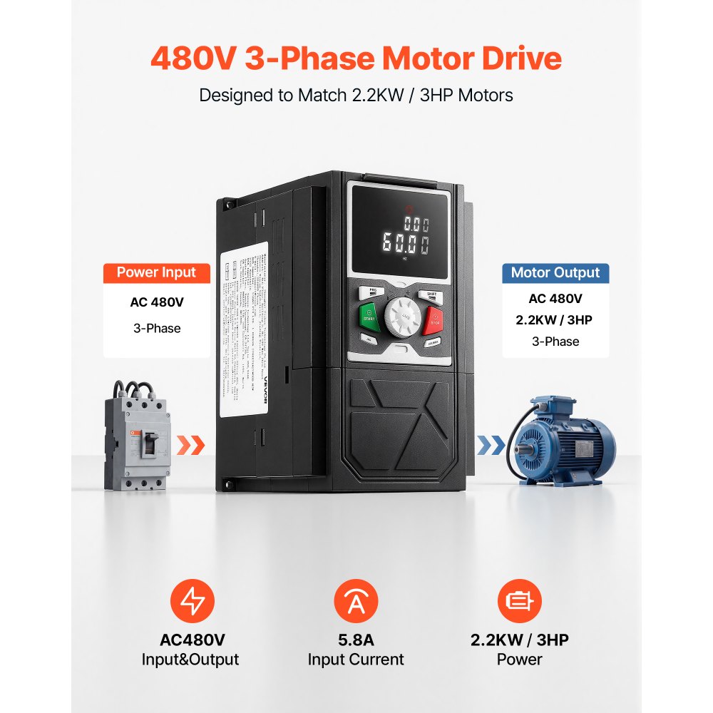 Variador de frecuencia VEVOR de 3 HP, 2,2 kW, 5,8 A, entrada/salida trifásica CA 480 V, salida trifásica a trifásica, VFD de 0 a 500 Hz, modos de control V/F SVC para un control preciso de la velocidad del motor.