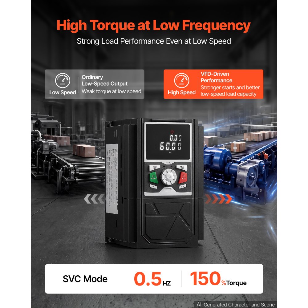 Variador de frecuencia VEVOR de 3 HP, 2,2 kW, 5,8 A, entrada/salida trifásica CA 480 V, salida trifásica a trifásica, VFD de 0 a 500 Hz, modos de control V/F SVC para un control preciso de la velocidad del motor.