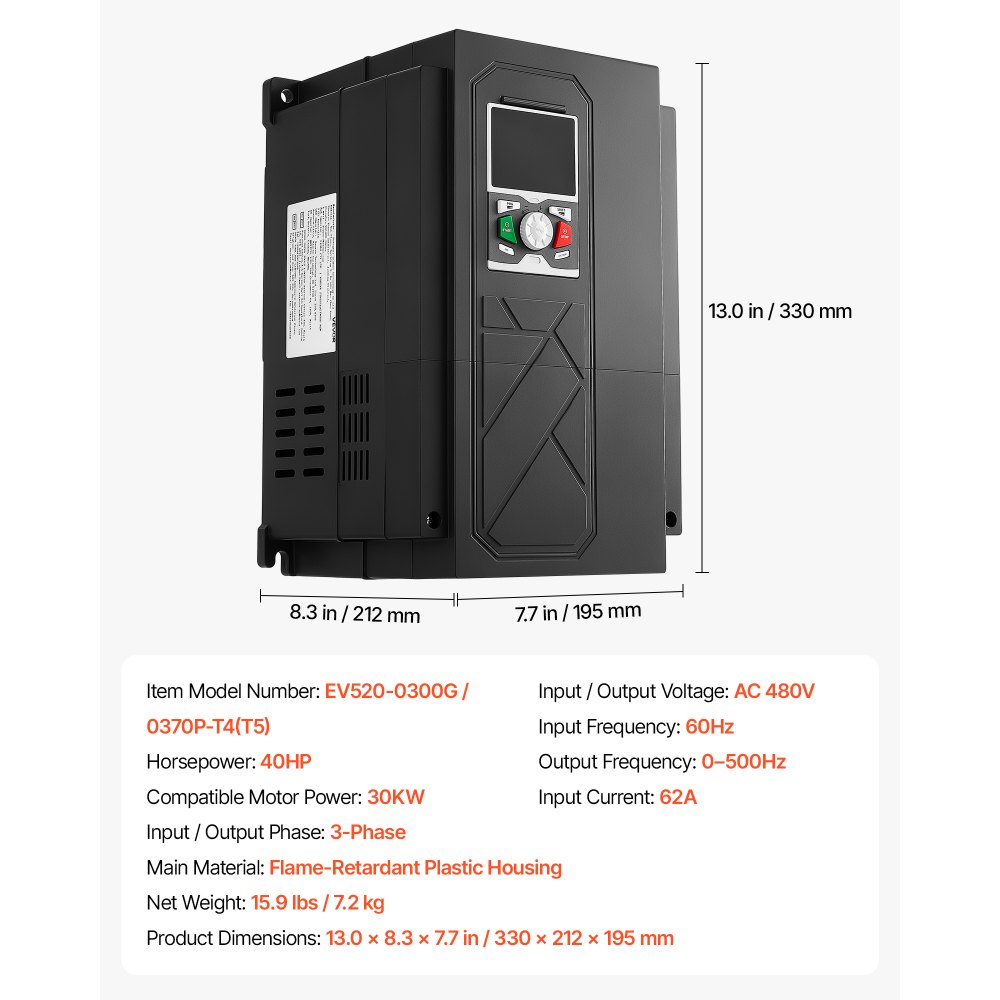 VEVOR 40HP 30KW 62A Variable Frequency Drive, 3-Phase AC480V Input/Output, 3 Phase to 3 Phase, 0–500Hz Output VFD, V/F SVC Control Modes for Precision Motor Speed Control