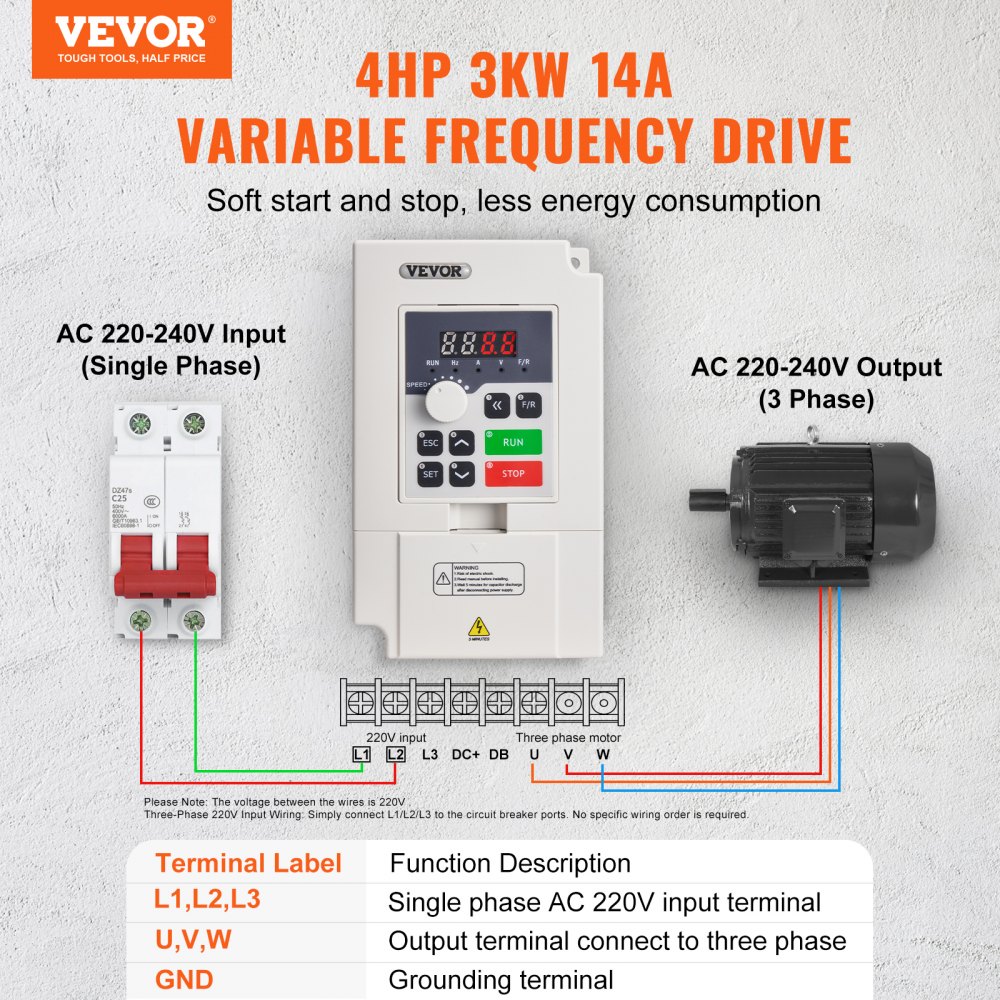 VEVOR VFD 4HP, 3KW, 14A, 1 nebo 3fázový AC 220V vstup na 3fázový AC 0~220V výstup, frekvenční měnič, vstup 50/60Hz, výstup 0-2000Hz, VFD pro regulaci otáček vřetena