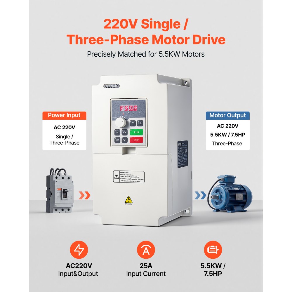 VEVOR 7.5HP 5.5KW 25A VFD, Single/3-Phase 220V Input to 3-Phase 220V Output, 0–2000Hz Variable Frequency Drive, Built-in PID for Constant Pressure Water Supply, Precision Motor Speed Control