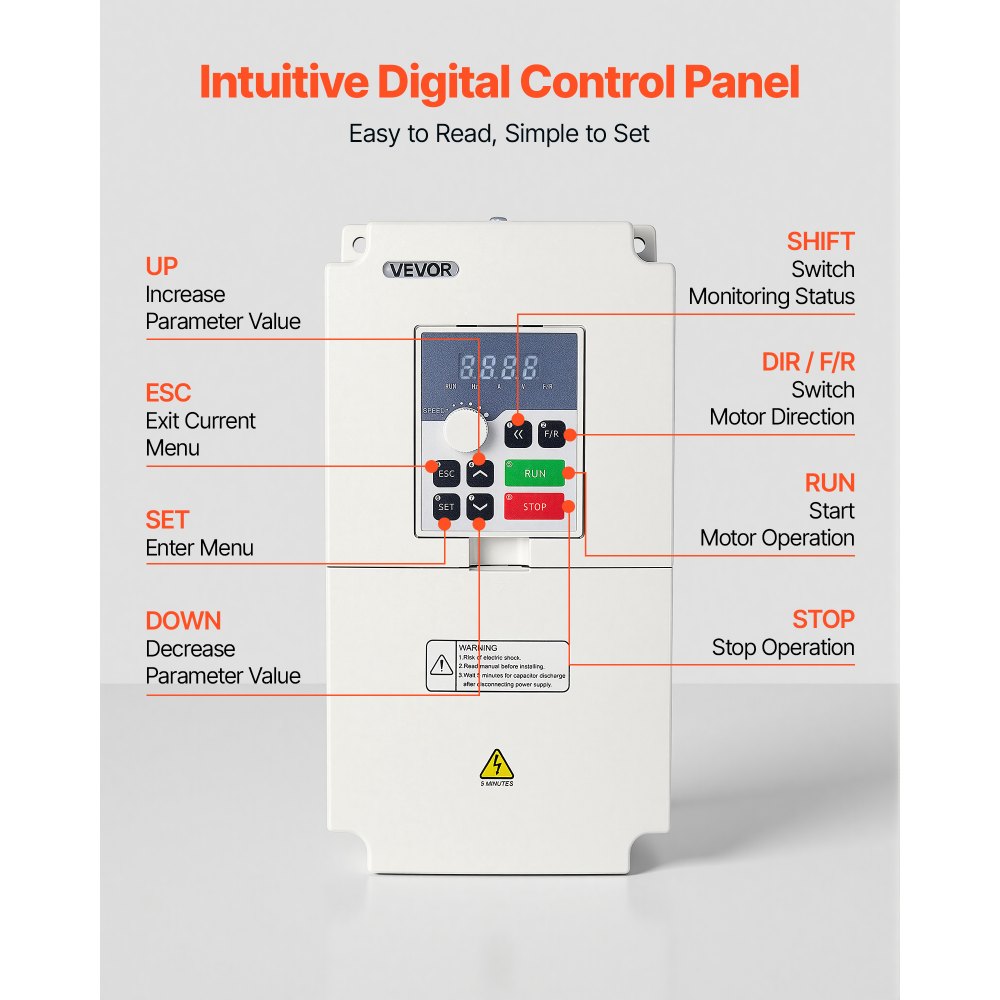 VEVOR 7.5HP 5.5KW 25A VFD, Single/3-Phase 220V Input to 3-Phase 220V Output, 0–2000Hz Variable Frequency Drive, Built-in PID for Constant Pressure Water Supply, Precision Motor Speed Control