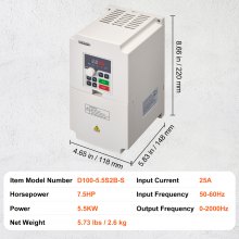 VEVOR VFD 7.5HP 5.5KW 25A 1 or 3 Phase AC 220V Input to 3 Phase AC 0~220V Output