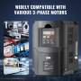 VEVOR variable frequency drive compatible with various 3-phase motors, digital display, and control panel.