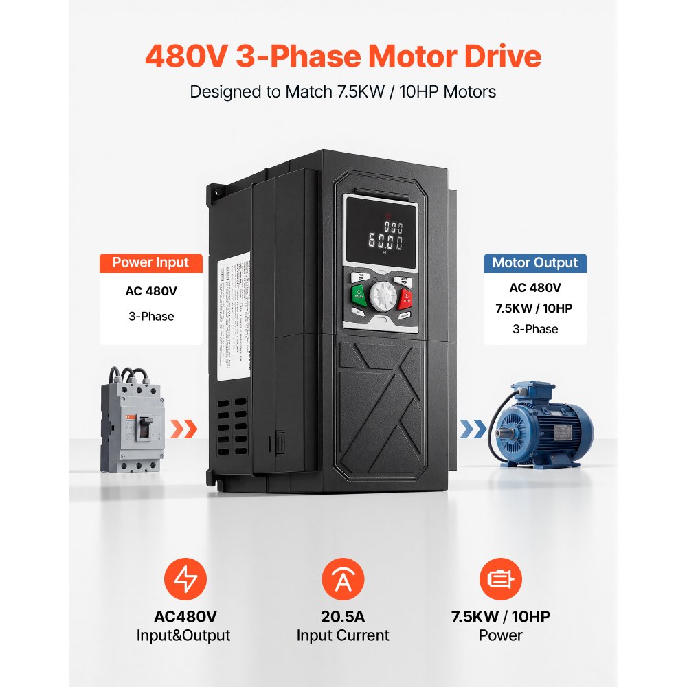 Variador de frecuencia VEVOR de 10 HP, 7,5 kW, 20,5 A, entrada/salida trifásica CA 480 V, salida trifásica a trifásica, VFD de 0 a 500 Hz, modos de control V/F SVC para un control preciso de la velocidad del motor.