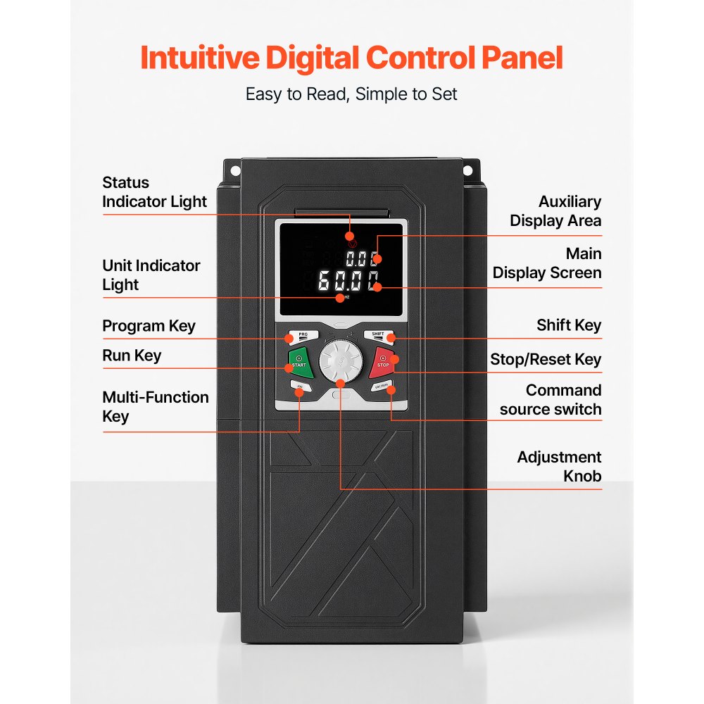 Variador de frecuencia VEVOR de 10 HP, 7,5 kW, 20,5 A, entrada/salida trifásica CA 480 V, salida trifásica a trifásica, VFD de 0 a 500 Hz, modos de control V/F SVC para un control preciso de la velocidad del motor.