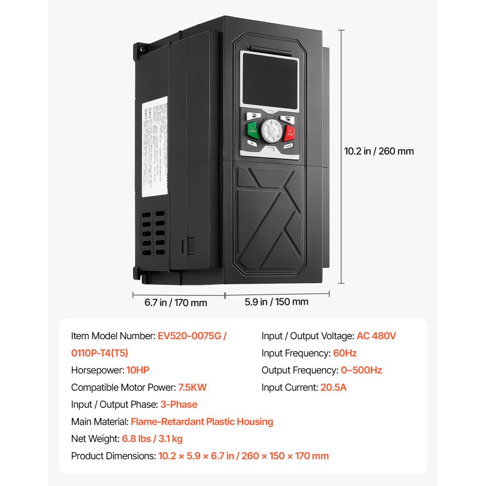 Variador de frecuencia VEVOR de 10 HP, 7,5 kW, 20,5 A, entrada/salida trifásica CA 480 V, salida trifásica a trifásica, VFD de 0 a 500 Hz, modos de control V/F SVC para un control preciso de la velocidad del motor.