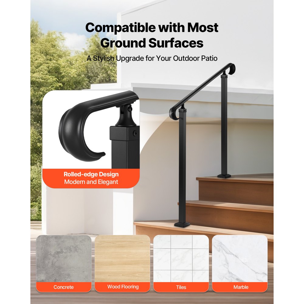 VEVOR Handrails for Outdoor Steps, 2-3 Step Adjustable Height, Carbon Steel Transitional Handrail with Installation Kit, Exterior Hand Railing for Steps, Concrete or Wooden Stairs, Porch, Matte Black