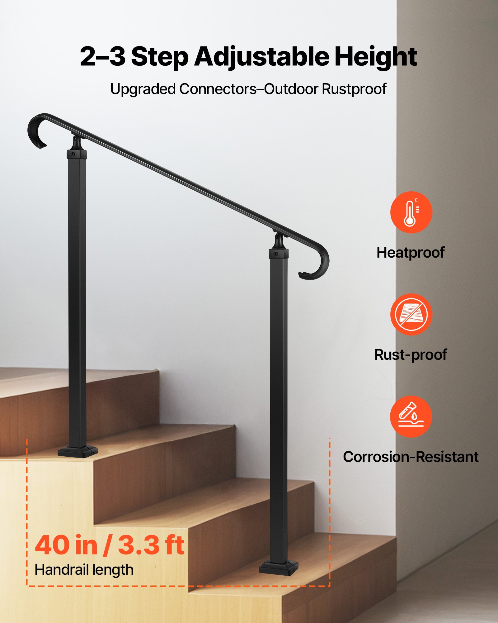 VEVOR Handrails for Outdoor Steps, 2-3 Step Adjustable Height, Carbon Steel Transitional Handrail with Installation Kit, Exterior Hand Railing for Steps, Concrete or Wooden Stairs, Porch, Matte Black