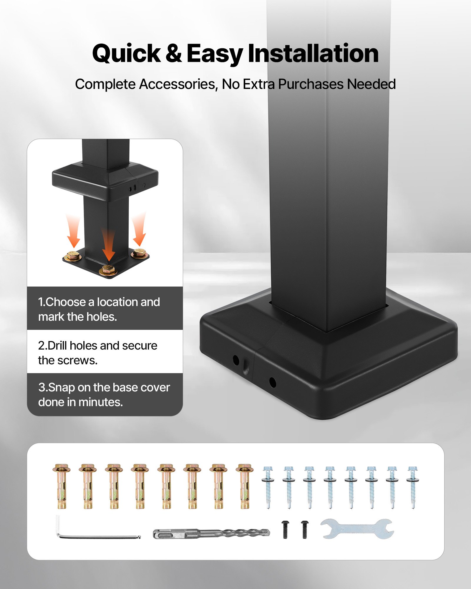 VEVOR Handrails for Outdoor Steps, 2-3 Step Adjustable Height, Carbon Steel Transitional Handrail with Installation Kit, Exterior Hand Railing for Steps, Concrete or Wooden Stairs, Porch, Matte Black