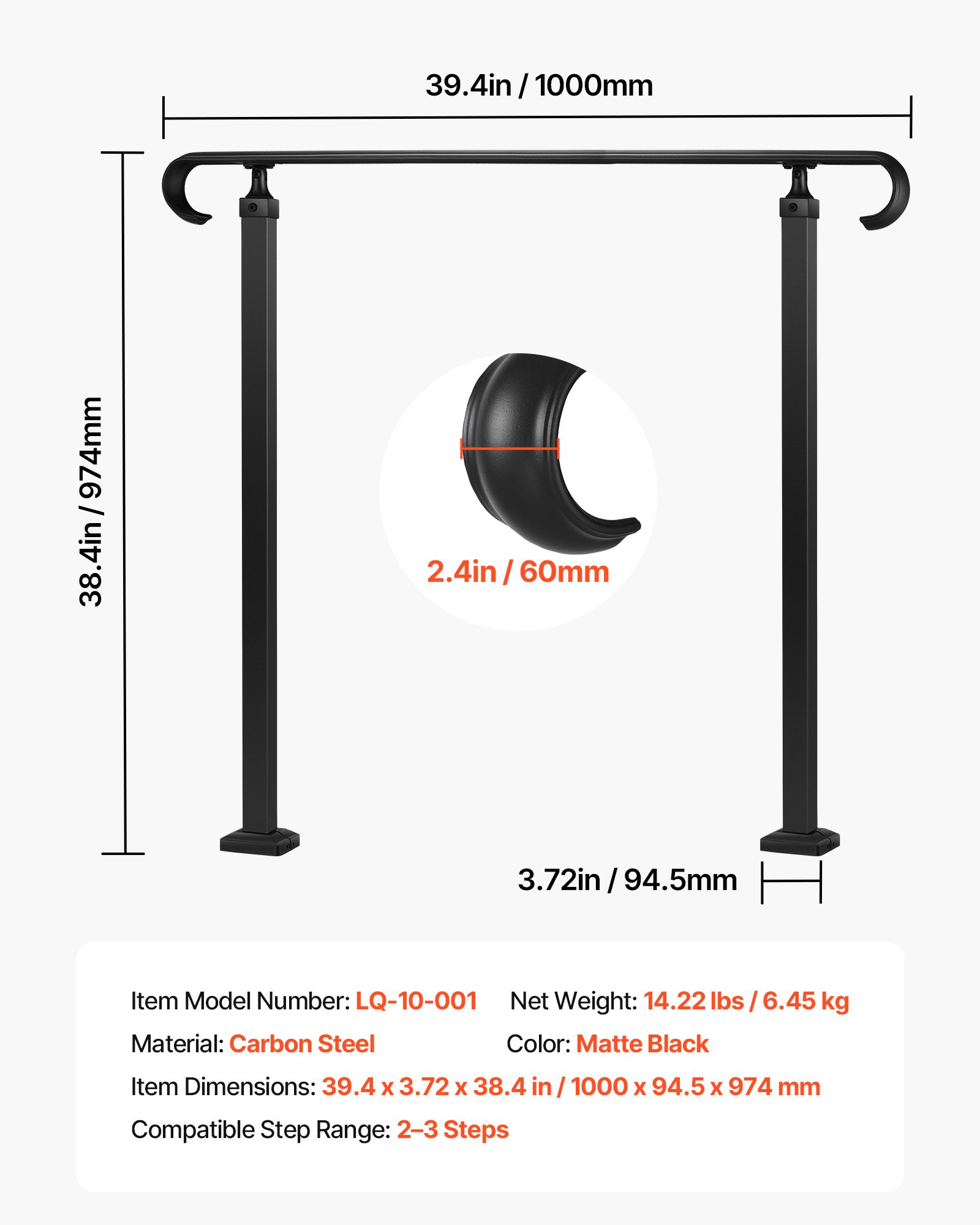 VEVOR Handrails for Outdoor Steps, 2-3 Step Adjustable Height, Carbon Steel Transitional Handrail with Installation Kit, Exterior Hand Railing for Steps, Concrete or Wooden Stairs, Porch, Matte Black