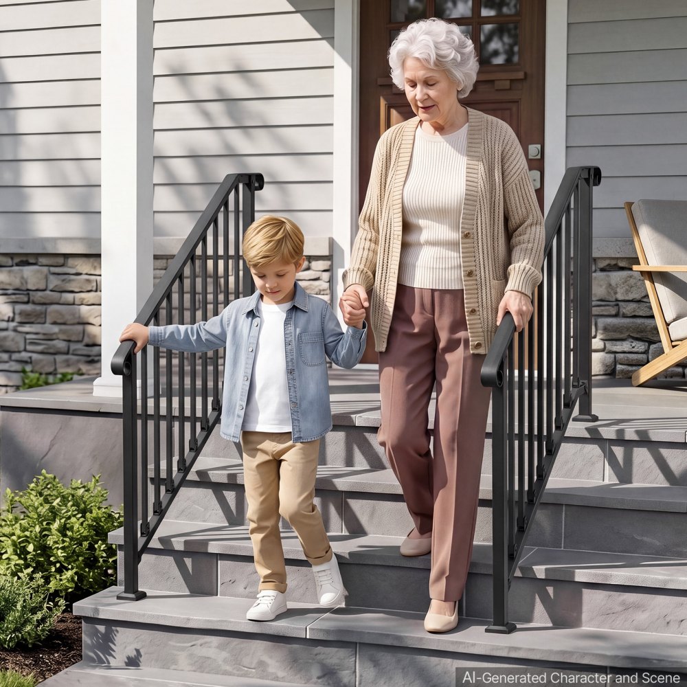 VEVOR Handrails for Outdoor Steps, 3-4 Step 2 Pack Stair Hand Rail Kit, Black Retro Arch Stair Rails for Seniors, Concrete Steps & Porch & Deck, Heavy-Duty Steel Railings with Installation Kit