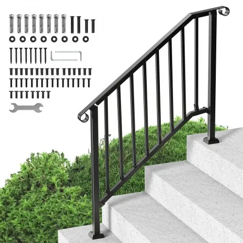 VEVOR Handrails for Outdoor Steps, 3-4 Step Stair Hand Rail Kit, Transitional Iron Railings with Installation Kit, Stair Rails for Seniors, Concrete Steps & Porch & Deck, Black Retro Arch