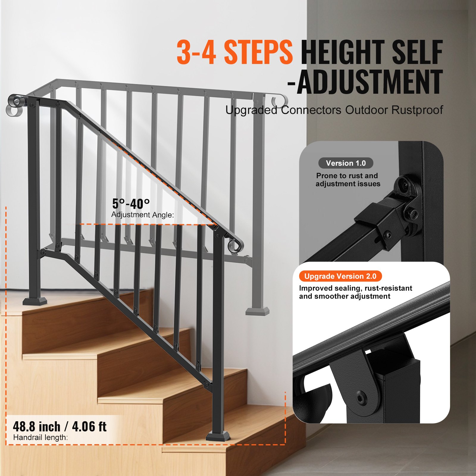 VEVOR Handrails for Outdoor Steps, 3-4 Step Stair Hand Rail Kit, Transitional Iron Railings with Installation Kit, Stair Rails for Seniors, Concrete Steps & Porch & Deck, Black Retro Arch
