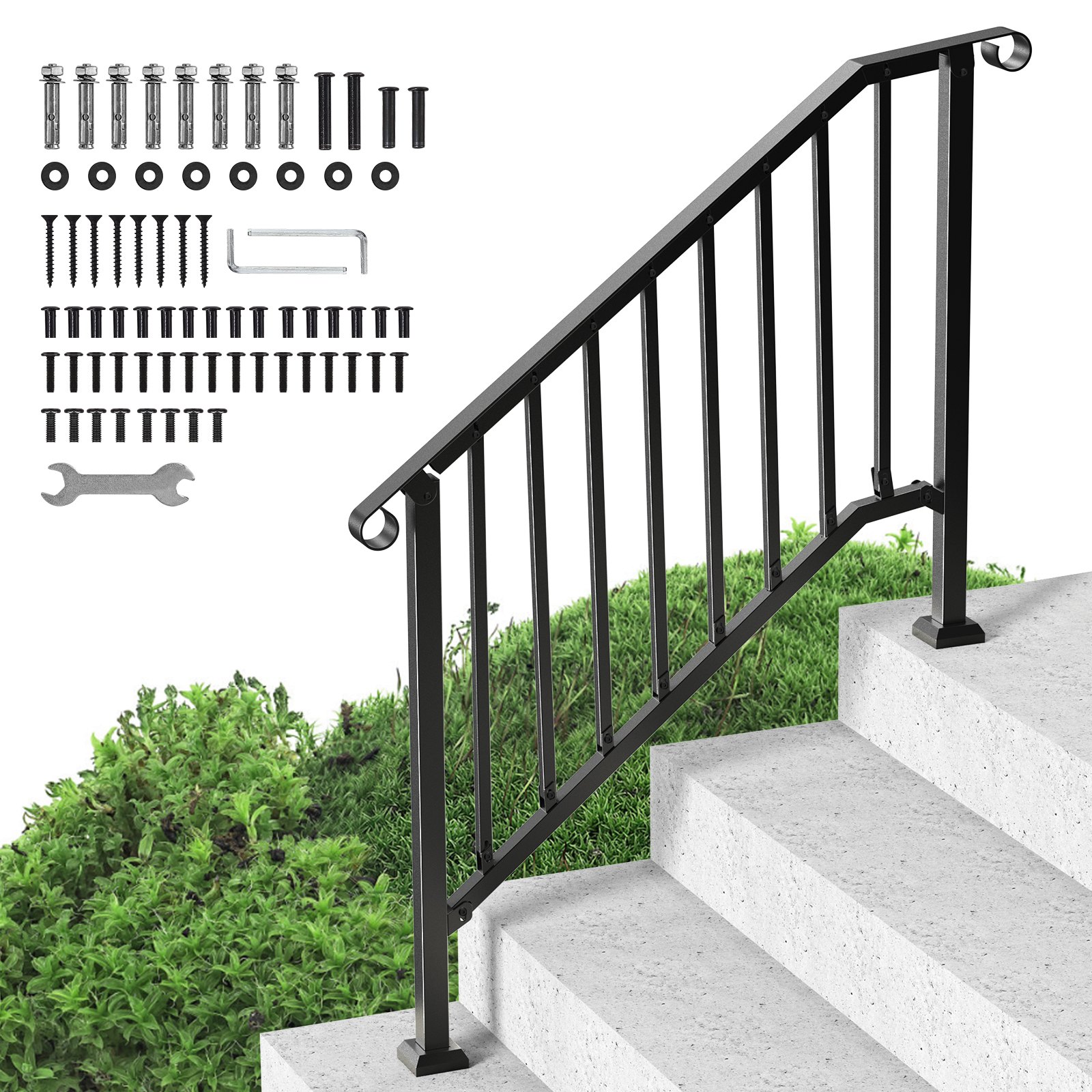 VEVOR Handrails for Outdoor Steps, 3-4 Step Stair Hand Rail Kit, Transitional Iron Railings with Installation Kit, Stair Rails for Seniors, Concrete Steps & Porch & Deck, Black Retro Arch