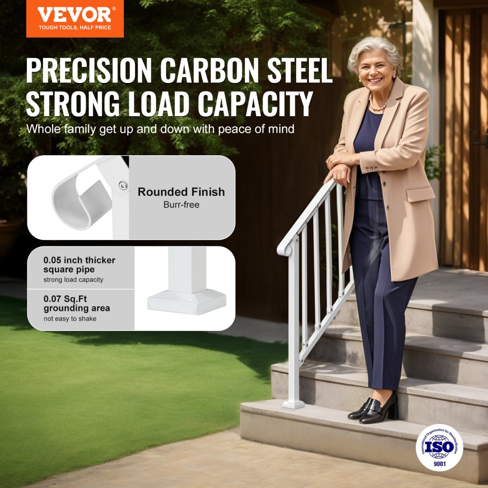 VEVOR Handrails for Outdoor Steps, 3-4 Step Stair Hand Rail Kit, Transitional Carbon Steel Railings with Installation Kit, Stair Rails for Seniors, Concrete Steps & Porch & Deck, White Retro Arch