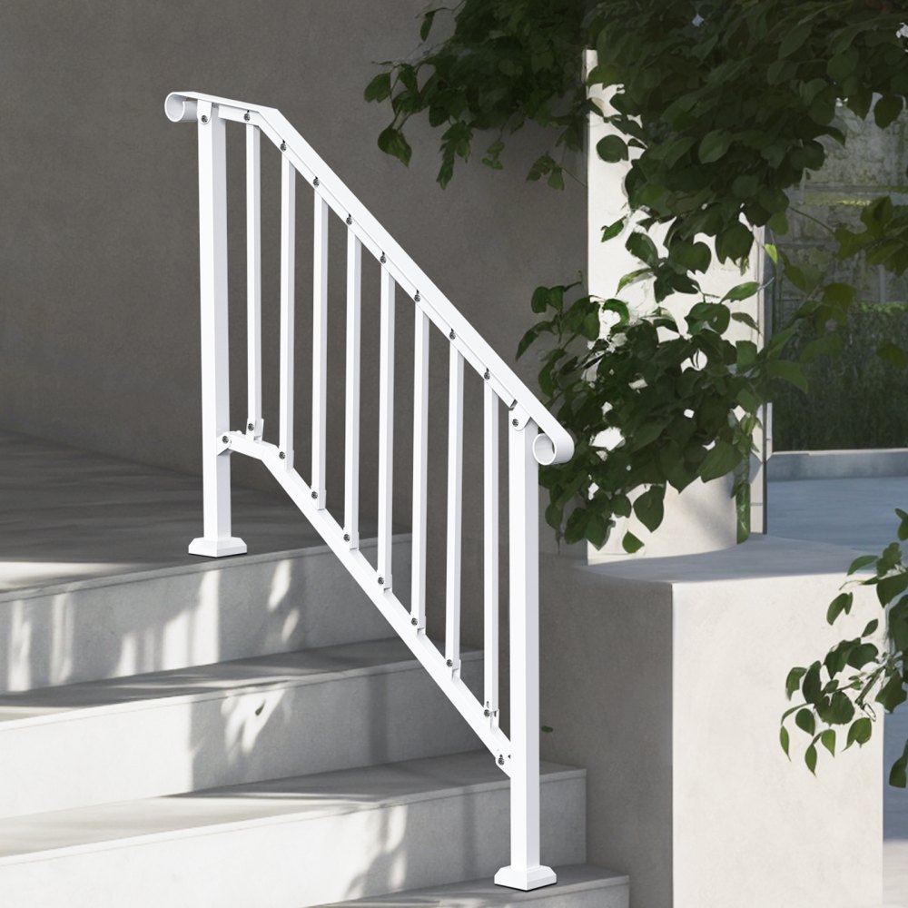 VEVOR Handrails for Outdoor Steps, 3-4 Step Stair Hand Rail Kit, Transitional Carbon Steel Railings with Installation Kit, Stair Rails for Seniors, Concrete Steps & Porch & Deck, White Retro Arch