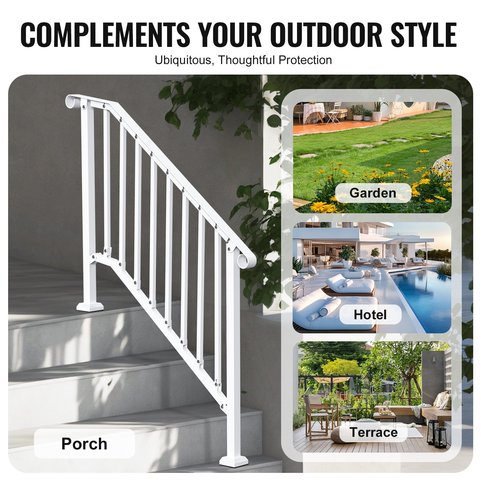 VEVOR Handrails for Outdoor Steps, 3-4 Step Stair Hand Rail Kit, Transitional Carbon Steel Railings with Installation Kit, Stair Rails for Seniors, Concrete Steps & Porch & Deck, White Retro Arch