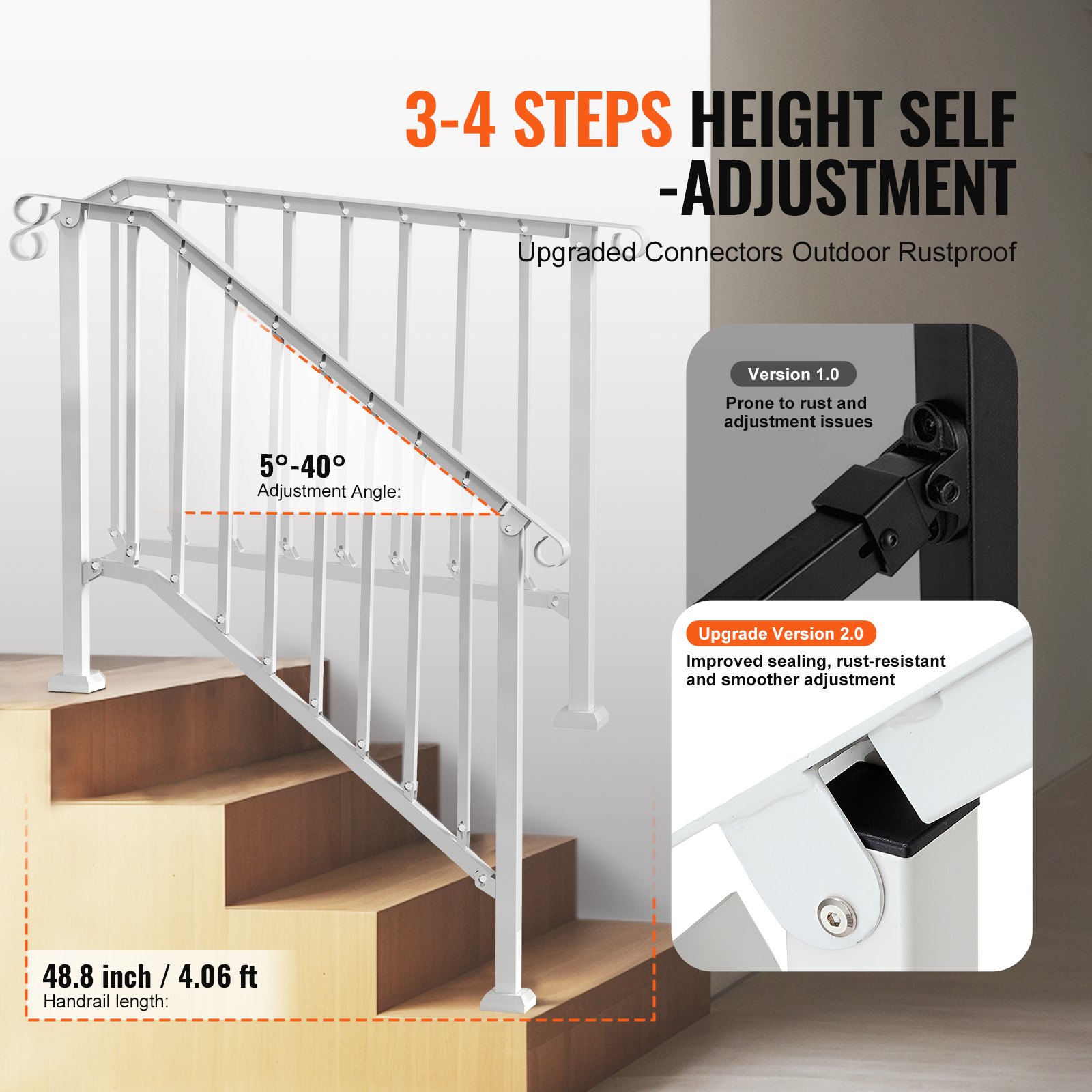 VEVOR Handrails for Outdoor Steps, 3-4 Step Stair Hand Rail Kit, Transitional Carbon Steel Railings with Installation Kit, Stair Rails for Seniors, Concrete Steps & Porch & Deck, White Retro Arch