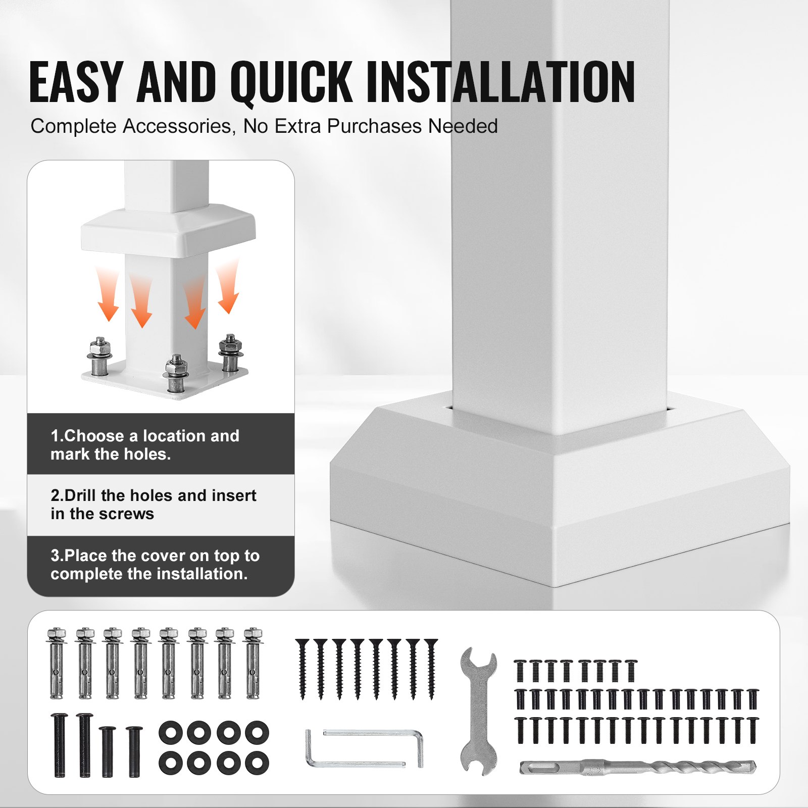 VEVOR Handrails for Outdoor Steps, 3-4 Step Stair Hand Rail Kit, Transitional Carbon Steel Railings with Installation Kit, Stair Rails for Seniors, Concrete Steps & Porch & Deck, White Retro Arch