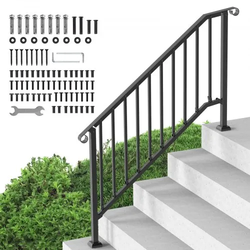 VEVOR Handrails for Outdoor Steps, 5 Step Stair Hand Rail Kit, Transitional Carbon Steel Railings with Installation Kit, Stair Rails for Seniors, Concrete Steps & Porch & Deck, Black Retro Arch