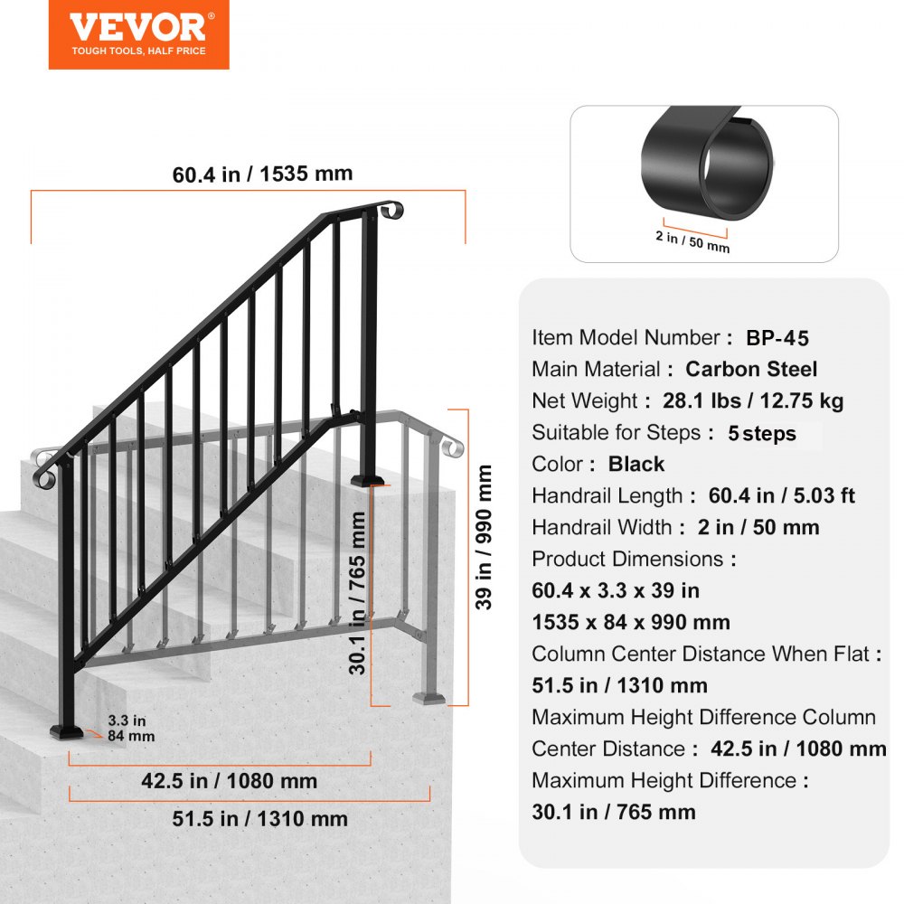 VEVOR Handrails for Outdoor Steps, 5 Step Stair Hand Rail Kit, Transitional Carbon Steel Railings with Installation Kit, Stair Rails for Seniors, Concrete Steps & Porch & Deck, Black Retro Arch
