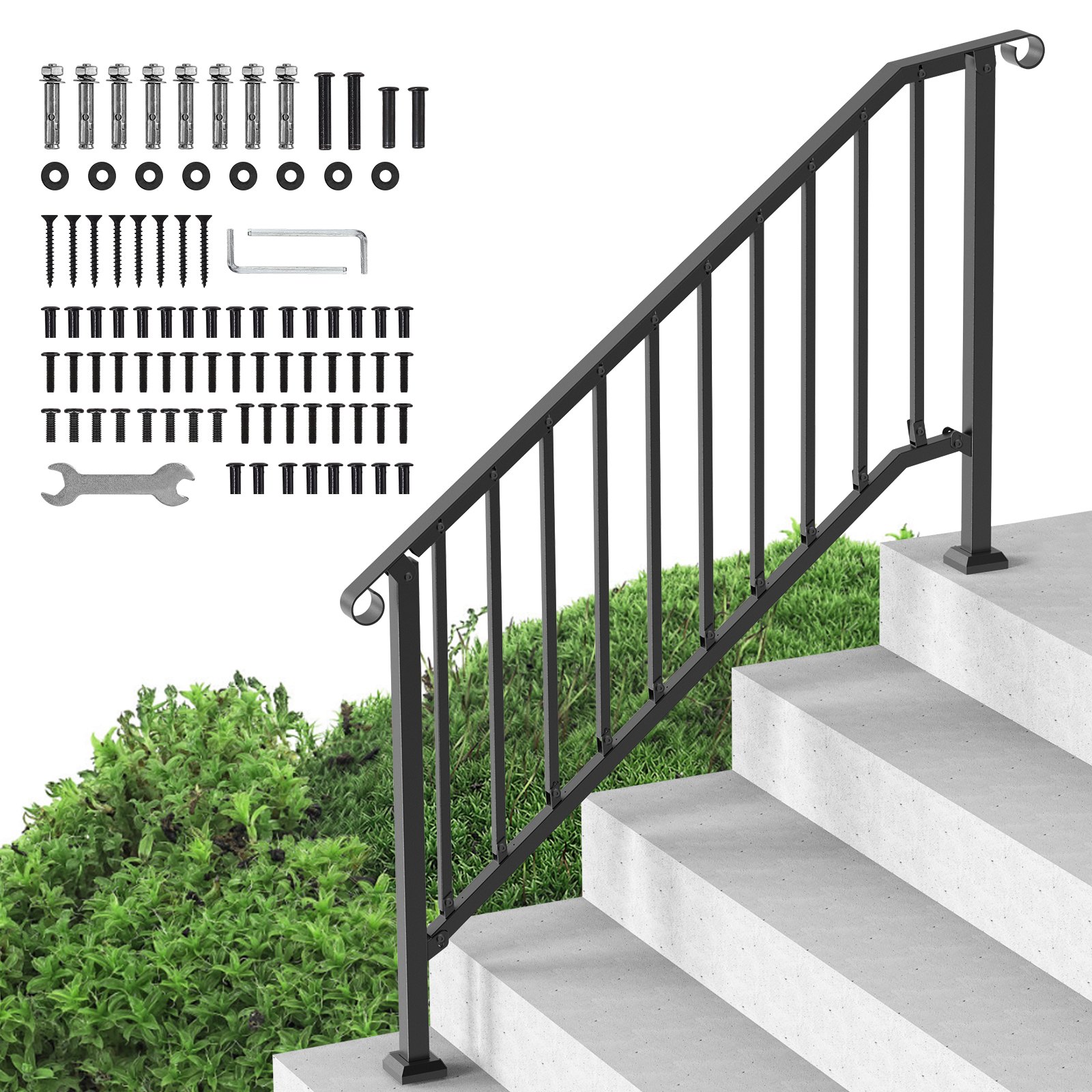 VEVOR Handrails for Outdoor Steps, 5 Step Stair Hand Rail Kit, Transitional Carbon Steel Railings with Installation Kit, Stair Rails for Seniors, Concrete Steps & Porch & Deck, Black Retro Arch