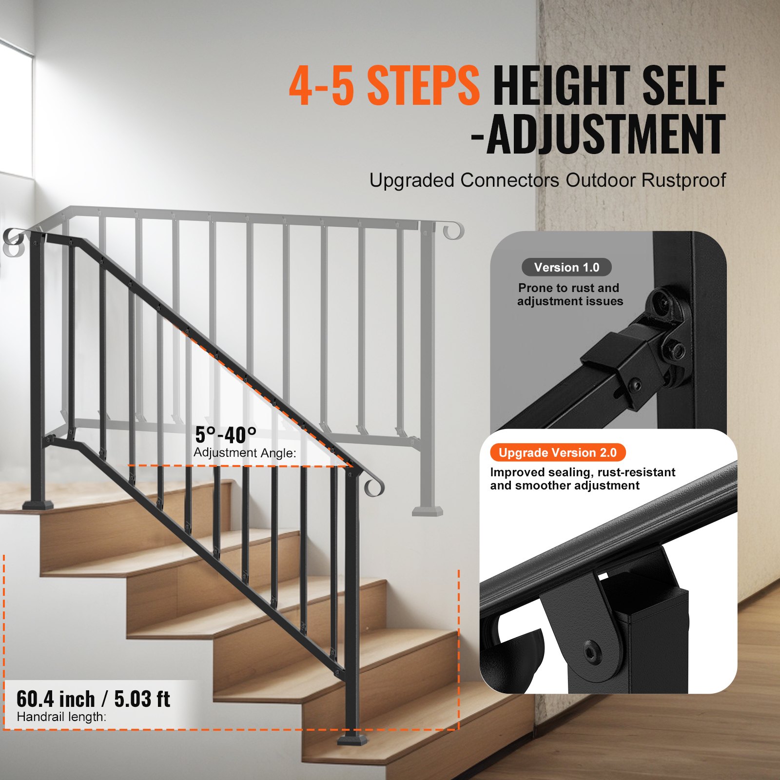 VEVOR Handrails for Outdoor Steps, 5 Step Stair Hand Rail Kit, Transitional Carbon Steel Railings with Installation Kit, Stair Rails for Seniors, Concrete Steps & Porch & Deck, Black Retro Arch