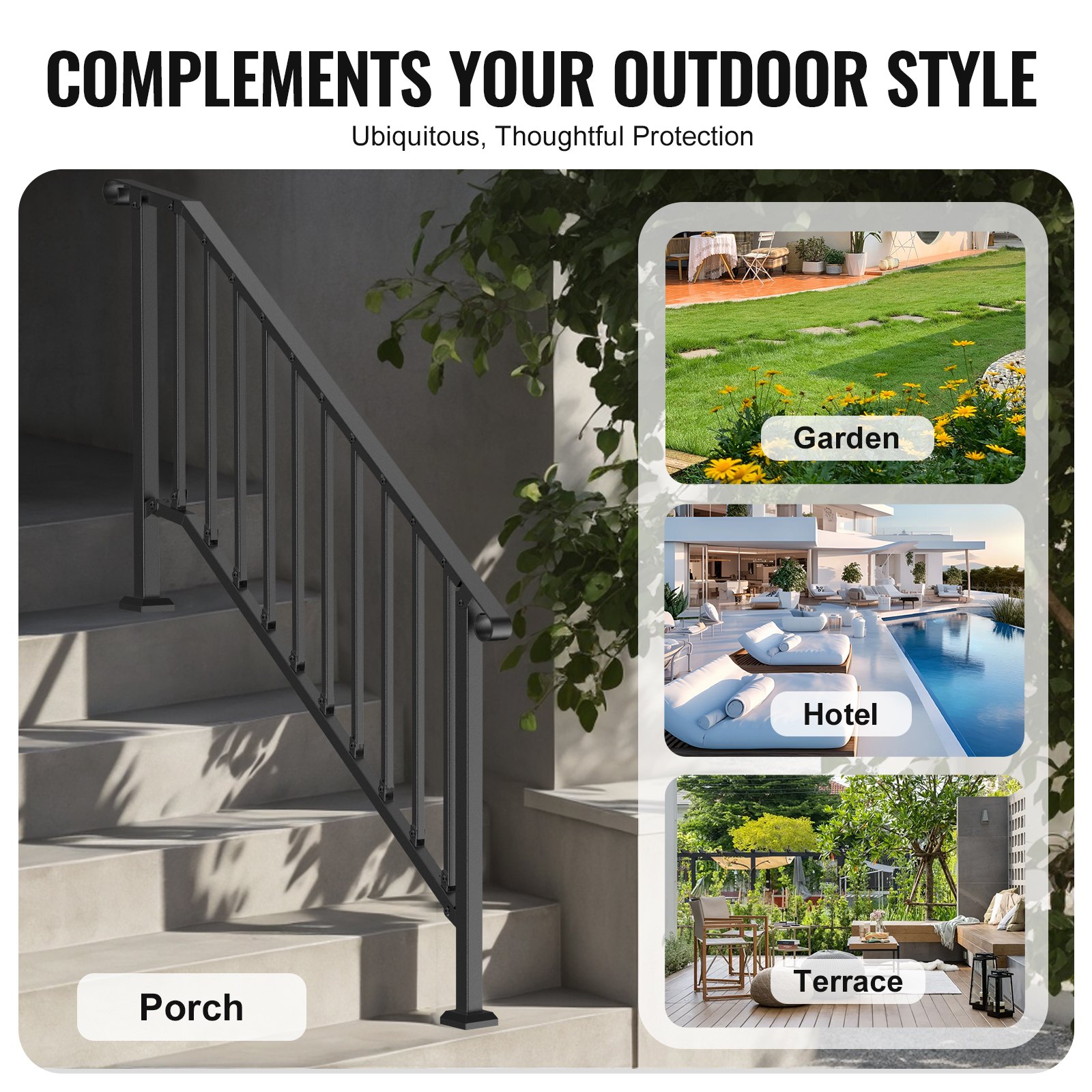 VEVOR Handrails for Outdoor Steps, 5 Step Stair Hand Rail Kit, Transitional Carbon Steel Railings with Installation Kit, Stair Rails for Seniors, Concrete Steps & Porch & Deck, Black Retro Arch