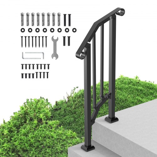 VEVOR Handrails for Outdoor Steps, 1-2 Step Stair Hand Rail Kit, Transitional Carbon Steel Railings with Installation Kit, Stair Rails for Seniors, Concrete Steps & Porch & Deck, Black Retro Arch