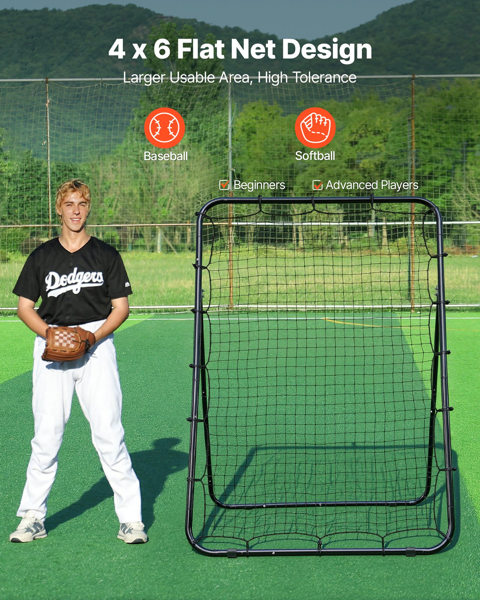 VEVOR Baseball Softball Rebounder Net 1210 x 1730 mm Pitch Back Trainer, 5 Adjustable Angles with Strike Zone Target, Steel Frame, Bounce Back Net for Pitching & Fielding Training, Return Practice