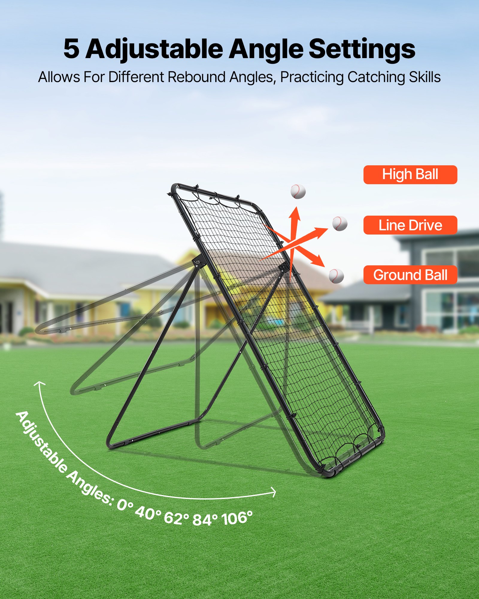 VEVOR Baseball Softball Rebounder Net 1210 x 1730 mm Pitch Back Trainer, 5 Adjustable Angles with Strike Zone Target, Steel Frame, Bounce Back Net for Pitching & Fielding Training, Return Practice