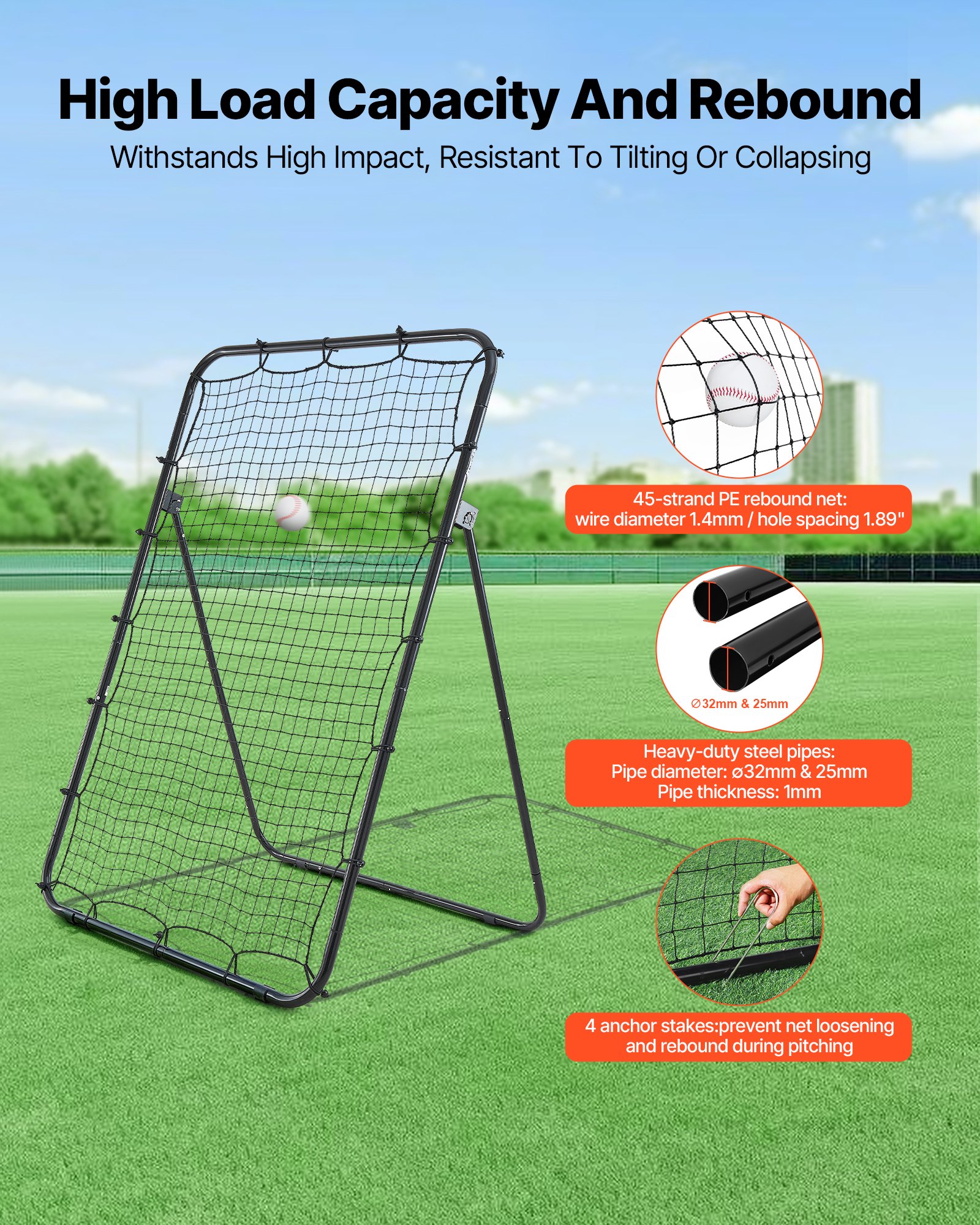 VEVOR Baseball Softball Rebounder Net 1210 x 1730 mm Pitch Back Trainer, 5 Adjustable Angles with Strike Zone Target, Steel Frame, Bounce Back Net for Pitching & Fielding Training, Return Practice