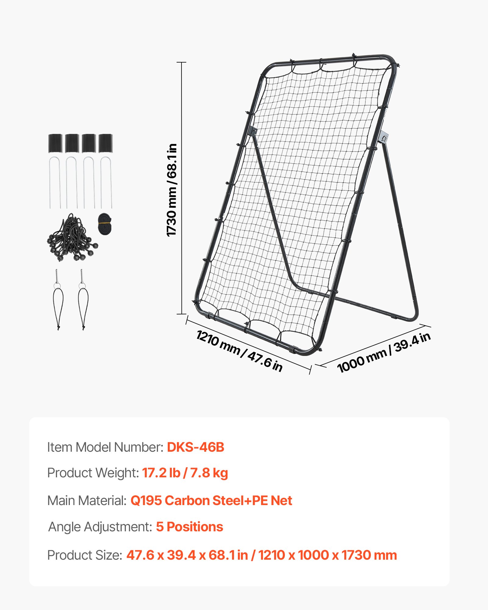 VEVOR Baseball Softball Rebounder Net 1210 x 1730 mm Pitch Back Trainer, 5 Adjustable Angles with Strike Zone Target, Steel Frame, Bounce Back Net for Pitching & Fielding Training, Return Practice
