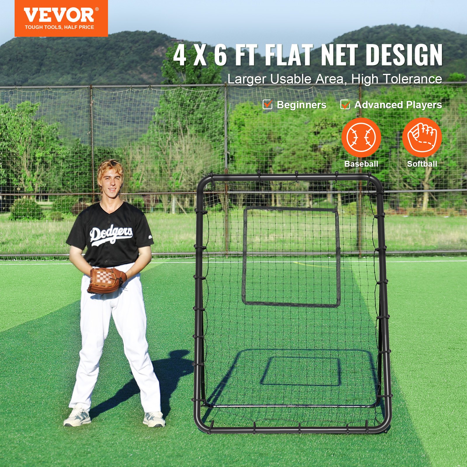 VEVOR Baseball And Softball Rebounder Net, 4 x 6 Feet PitchBack Baseball Nest for Pitching and Fielding Training, Pitch Return Trainer Rebound Net with Pitching Target, 4 Adjustable Angles