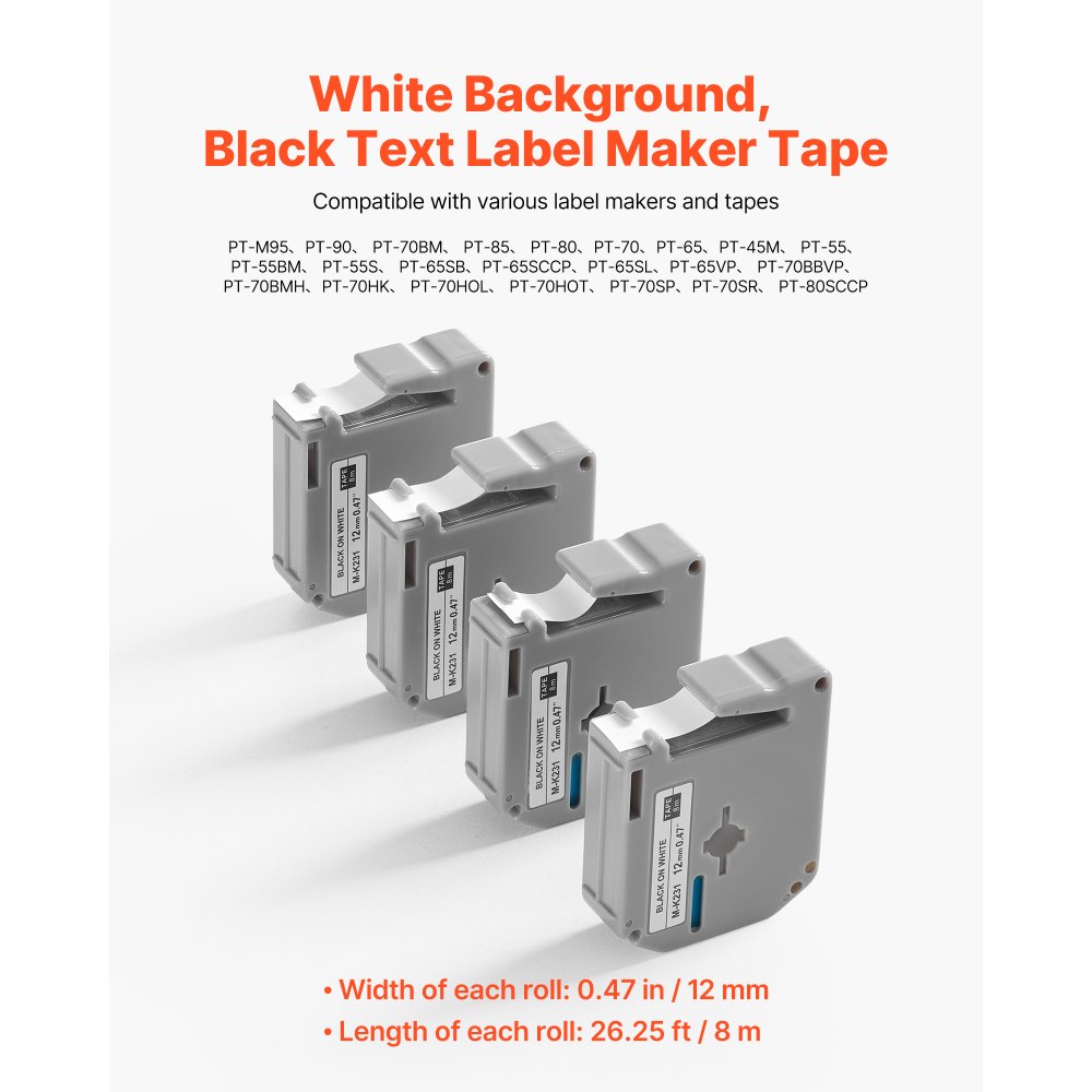 VEVOR Label Maker Tape, 4 Pack, 0.47 in / 12 mm Black on White Label Cartridge Compatible for Various Types of Brother Labelers, Durable & Long-lasting, Waterproof, Replacement for Letra Tag M-K231