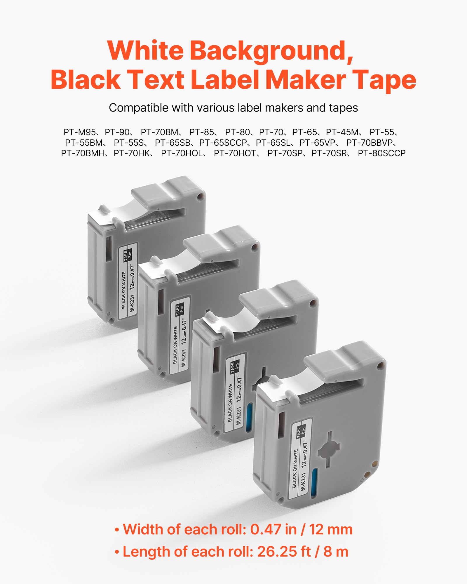 VEVOR Label Maker Tape, 4 Pack, 0.47 in / 12 mm Black on White Label Cartridge Compatible for Various Types of Brother Labelers, Durable & Long-lasting, Waterproof, Replacement for Letra Tag M-K231