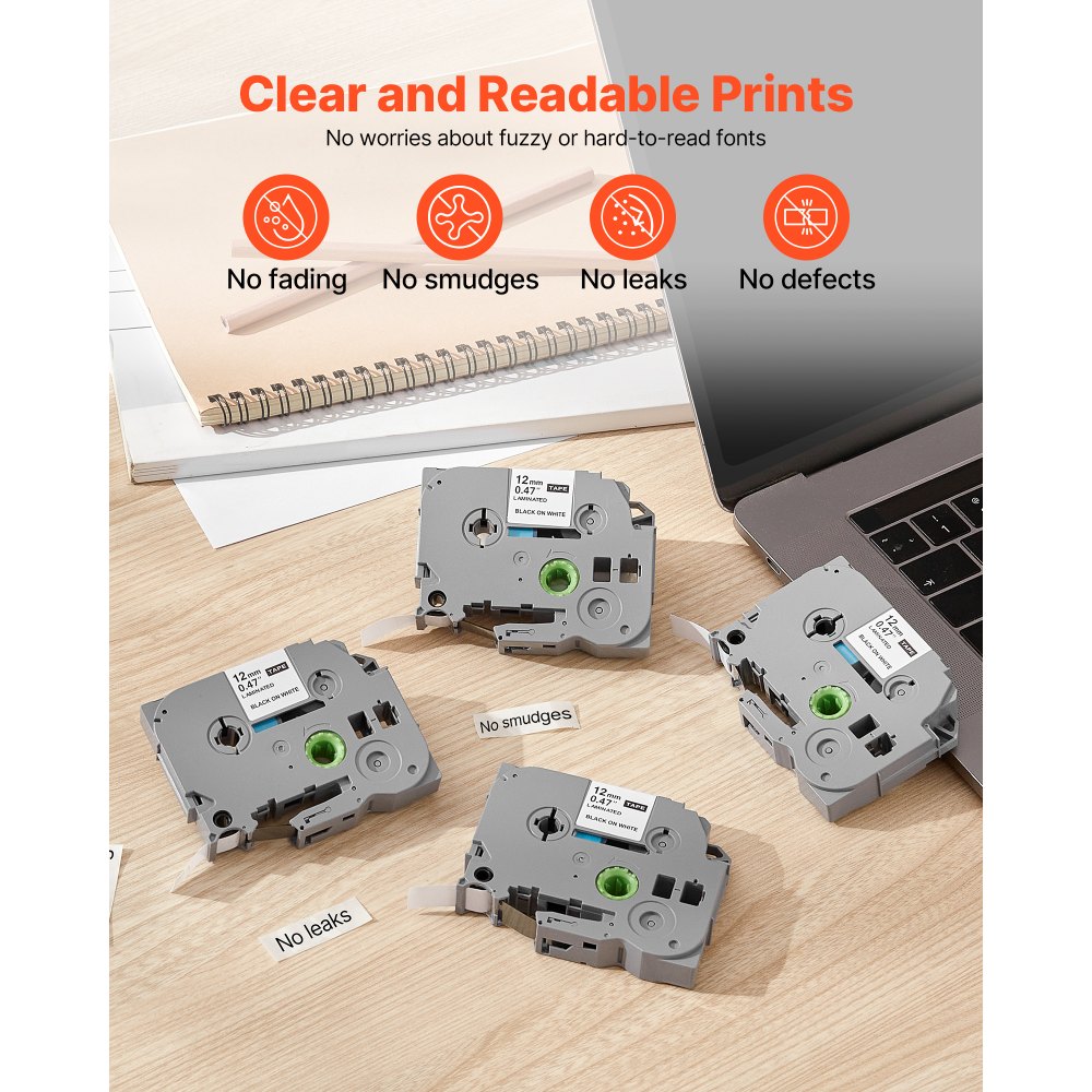 VEVOR Label Maker Tape, 4 Pack, 0.47 in / 12 mm Black on White Label Maker Refills Compatible for Various Types of Brother P-Touch Labelers, Durable & Long-lasting, Replacement for Letra Tag TZe-231
