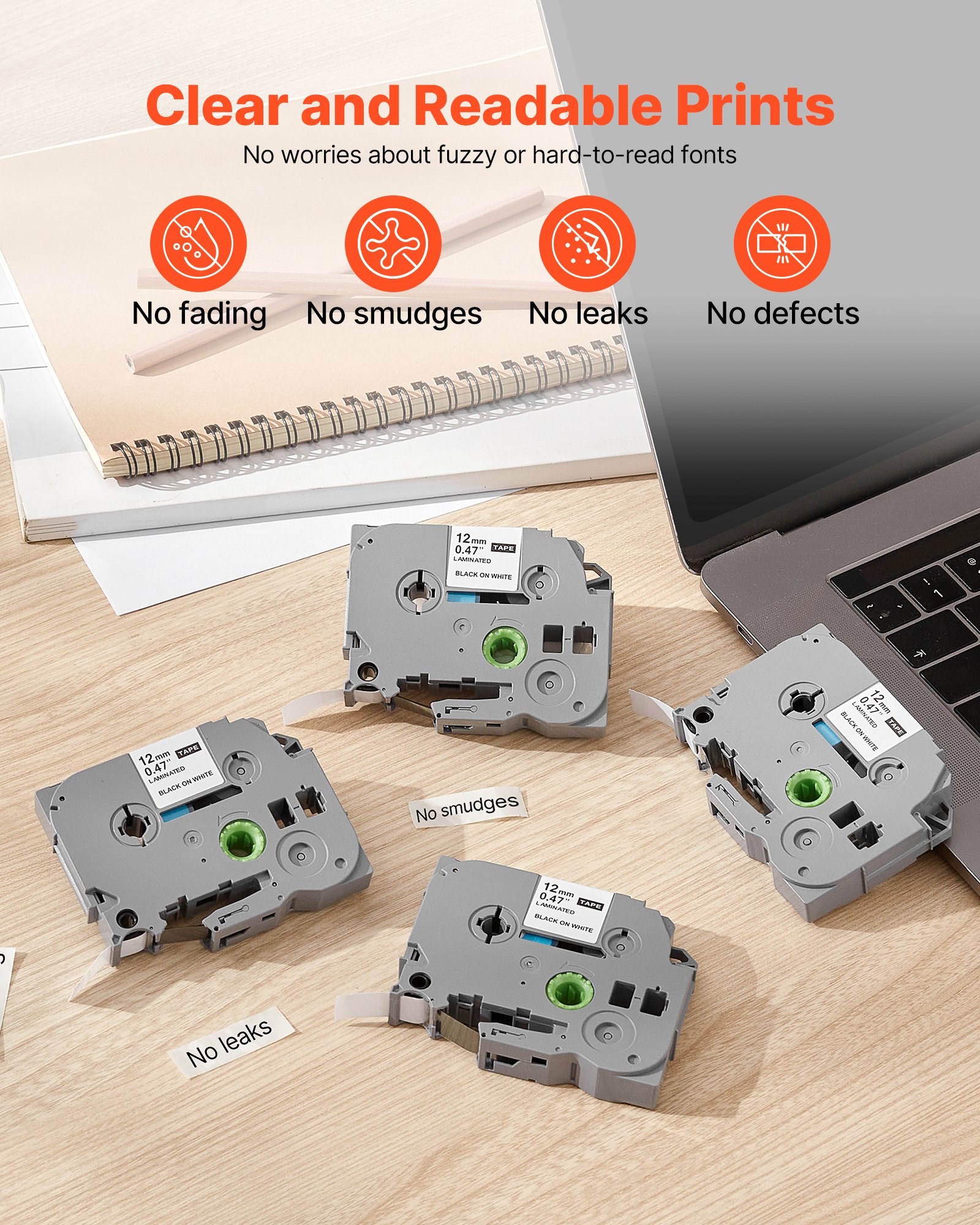 VEVOR Label Maker Tape, 4 Pack, 0.47 in / 12 mm Black on White Label Maker Refills Compatible for Various Types of Brother P-Touch Labelers, Durable & Long-lasting, Replacement for Letra Tag TZe-231